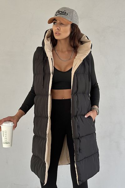 moda armanc Vestă lungă pufosă pe două fețe pentru femei, cu glugă oversize - negru, bej