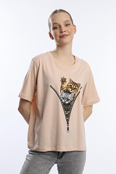 Polo State Tricou de damă cu decolteu cu imprimeu pisici Bej