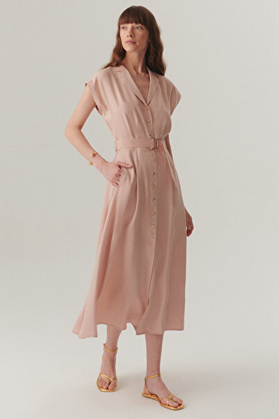 Exquise Sleeveless Front Buttoned Belted Modal Fabric Midi Pink Dress