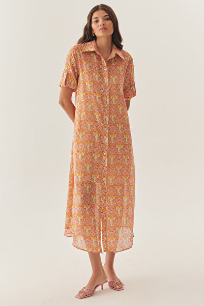 Exquise Midi Boy Çiçek Desenli Gömlek Elbise