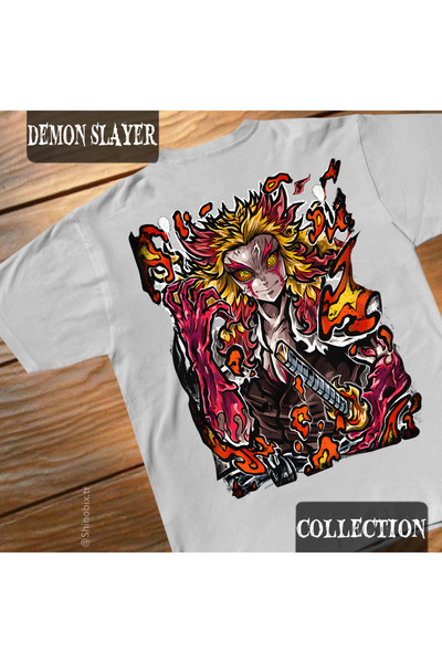 SHINOBIX تي شيرت كبير الحجم من أنمي Demon Slayer بشعار رينجوكو كيوجورو من الق...