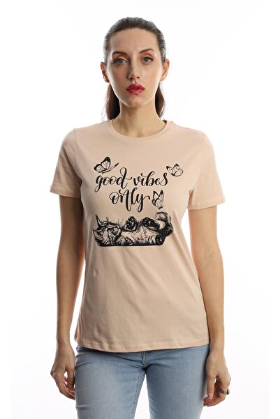 Polo State Ženska majica sa tekstom "Good Vibes Only" Štampano bež boje