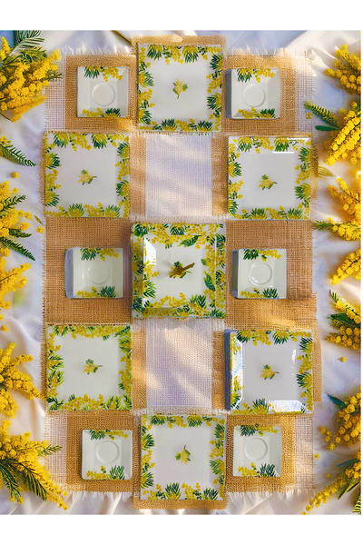 Piatti Naturali 13 Parça 6 Kişilik İkram ve Çay seti Seramik Mimoza , Atıştırmalık Kahvaltılık Katlı İkramlık Sunum