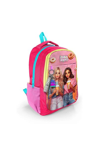 Coral High Pink Neon Coral Fashion Girl Patterned Three Compartment Backpack 23669