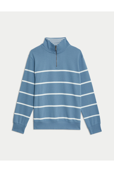 Marks & Spencer Saf Pamuklu Çizgili Yarım Fermuarlı Sweatshirt