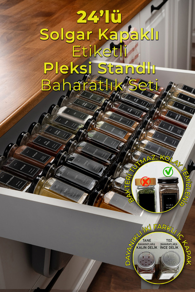 Mienda Home 24'lü Şeffaf Pleksi Standlı Cam Baharatlık Seti Siyah Kapaklı Ve ...