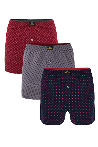 don joy Erkek 3'lü Desenli Pamuklu Penye Paçalı Düğmeli Beli Lastikli Boxer
