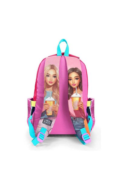 Coral High Pink Neon Coral Fashion Girl Patterned Three Compartment Backpack 23669