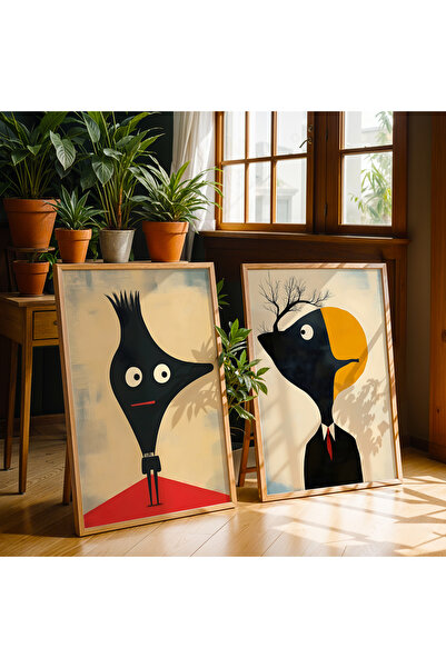 HİGUERA Διπλό Σετ ζωγραφικής τοίχου με κορνίζα από φυσικό ξύλο αφηρημένης τέχνης