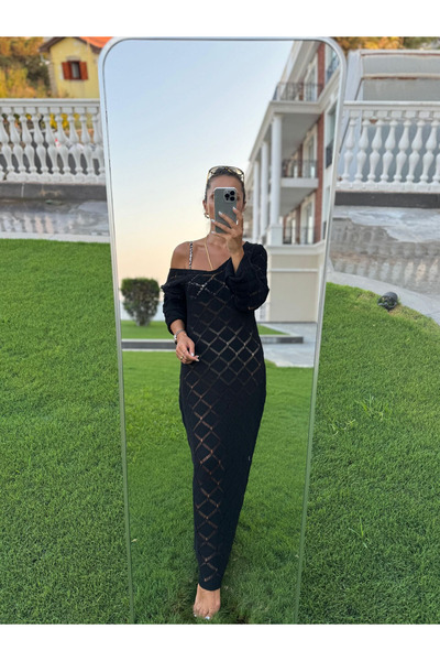 caddstore Sv 245012 Baklava Pattern Black Knitwear Dress