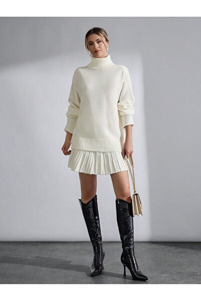 Puella Women's Cream Pleated Skirt - Turtleneck Oversize Sweater Set