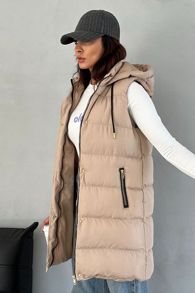 moda armanc Beige Long Puffer Vest - Hooded and Gold Detailed