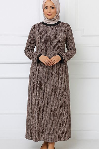 Giyinen Mağazaları Powder Longing Round Neck Caviar Print Stylish Stone Embroidered Mother Evening Dress