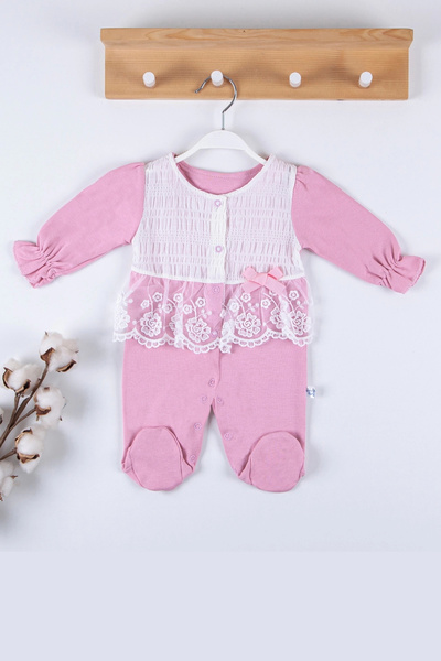 CNDR 3-9 Months Baby Girl Romper Embossed French Laced Pink