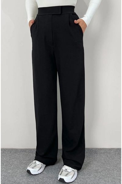 BELVİNA Black Lycra Plazzo Fabric Trousers Velcro Closure Relaxed Fit
