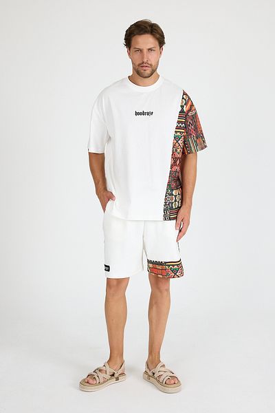 Hoodraze Men's White Front and Sleeve Garnished T-Shirt Oversize