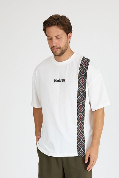 Hoodraze Men's White Front Wide Garnished T-Shirt Oversize