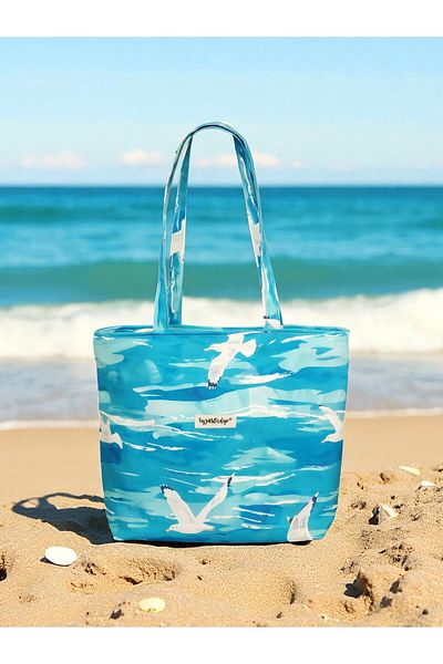 Ayza Stüdyo Seagull Patterned Zippered Blue Tote Beach Bag (40X33 cm)