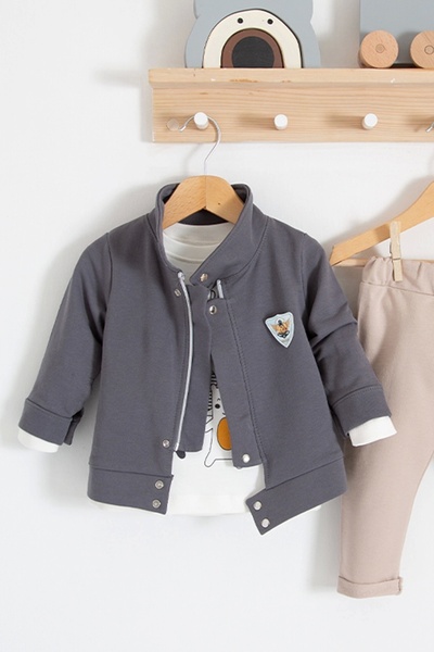 candar 3-18 Months Baby Boy Gray Jacketed 3-Piece Set