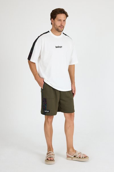 Hoodraze Men's White Shoulder Garnished T-Shirt Oversize