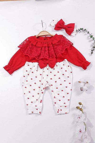 candar Lace Collar Baby Girl Romper Red