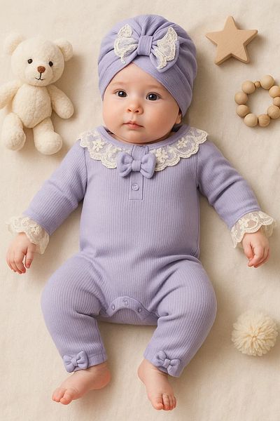 candar 3-9 Months Lace Collar Baby Girl Romper with Hat Lilac