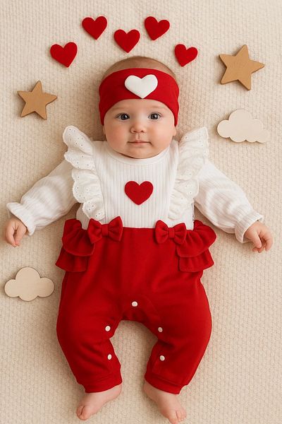 candar Heart Patterned Ruffle Detailed 100% Cotton Baby Girl Romper