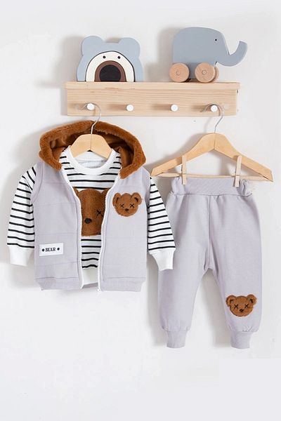 candar Gray Plush Teddy Bear Hooded 3-piece Set for 3-18 Months Baby Boy