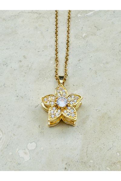 Snartun Zircon Stonegold Flower Detailed Movable Steel Necklace I Special Boxed