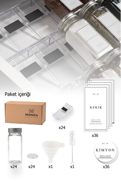 Mienda Home 24'lü Şeffaf Pleksi Standlı Cam Baharatlık Beyaz Etiket Fırça Hun...