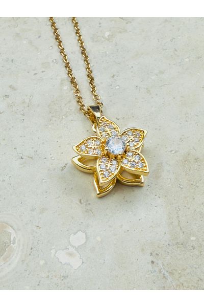 Snartun Zircon Stonegold Flower Detailed Movable Steel Necklace I Special Boxed