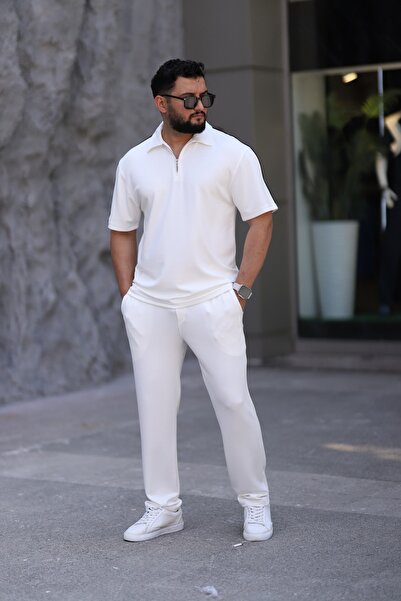 cto your style Men's Polo Neck T-Shirt Comfortable Tooling Zipper Detailed Bottom Top Suit