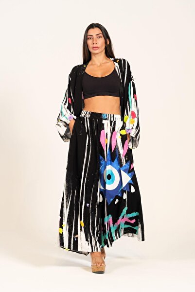 Keyifli Moda طقم مكون من قطعتين من بنطلون تونيك فضفاض منقوش عليه عين سوداء من ماركانو