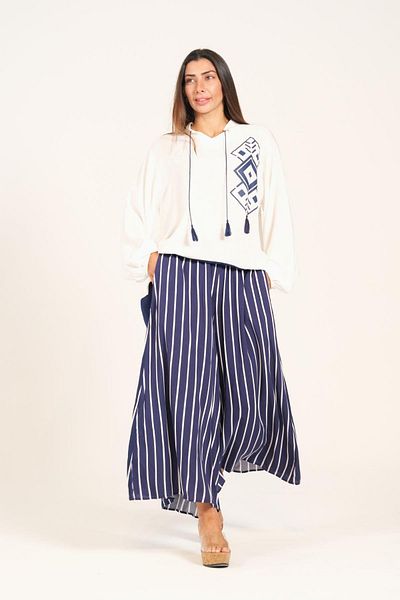 Keyifli Moda Markano Navy Blue Patterned Tasseled Trousers Striped Pocket Tunic Trousers Double Suit