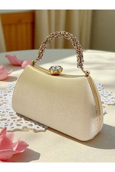 Biçanta Special Design Skin Color Gold Detailed Silvery Satin Handle Women's Evening Dress Bag Wedding Engagement Prom