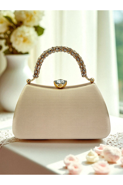 Biçanta Special Design Skin Color Gold Detailed Silvery Satin Handle Women's Evening Dress Bag Wedding Engagement Prom