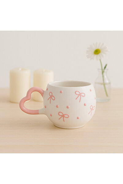 SırART Kalp Kulp PEMBE FİYONK DESENLİ ÖZEL KABARTMALI EL İŞLEMELİ SERAMİK KUPA