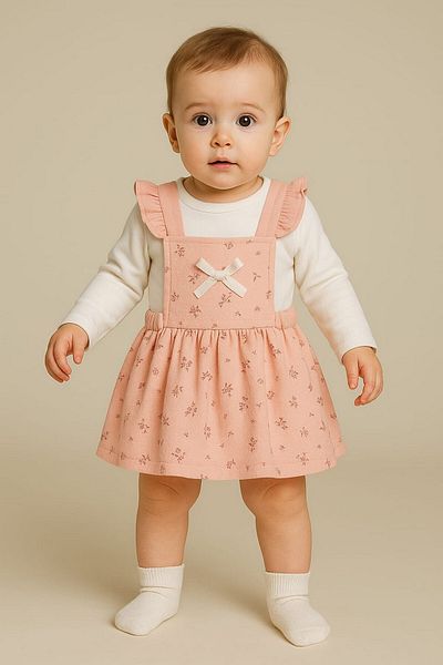 dinamik çocuk Baby Girl Floral Patterned Bow Dress with Badili 2-Piece Set Long Sleeve Undershirt 3-6-9-12-18-24Months