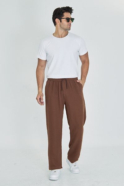 masso moda Men's Baggy Muslin Linen Waist Lace-Up Elastic Straight Leg Trousers
