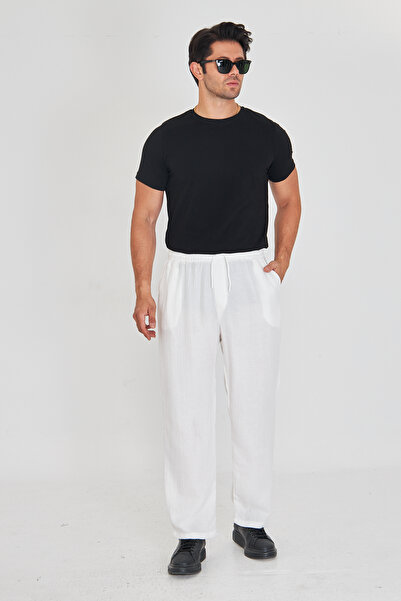 masso moda Erkek Baggy Müslin Keten Bel Bağcıklı Lastikli Düz Paça Pantolon