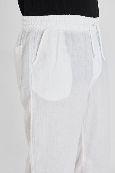 masso moda Men's Baggy Muslin Linen Waist Lace-Up Elastic Straight Leg Trousers