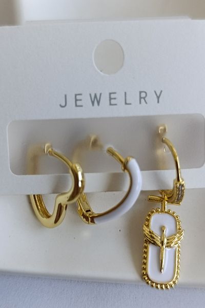 Birmem Women's Steel Angel Wing Figured and White Enamel Triple Combination Hoop Earring Set