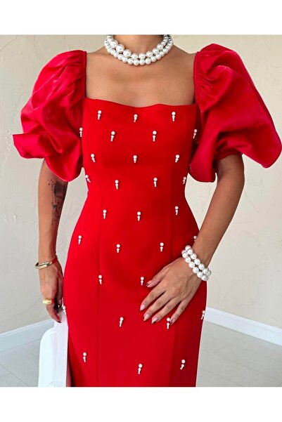 Starmount Butik İnci Işlemeli Saten Balon Kol Uzun Elbise, Düğün Davet, Şık A...