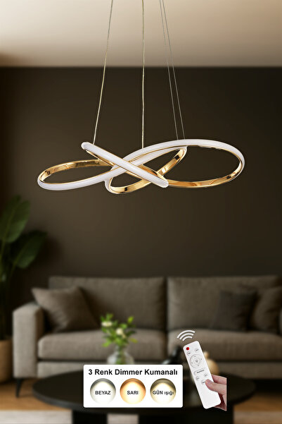 Avizemoda Larin 50 cm Dimmer Kumandalı 3 Renk Ledli (Sarı-Beyaz-Gün Işığı) Modern Sarkıt Avize - Gold