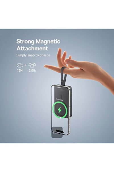 Baseus باور بانك مغناطيسي صغير لاسلكي سريع الشحن بقوة 30 وات، 10000 مللي أمبير/ساعة، مع كابل مدمج من النوع C - أسود