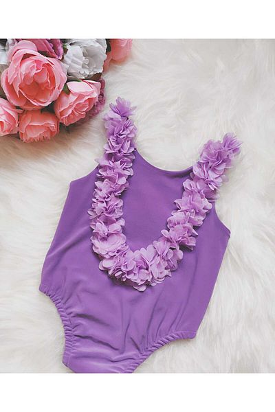 ELAFOR Girl's Special Design Purple Swimsuit with Floral Detail on the Back