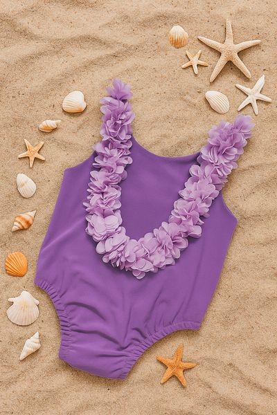 ELAFOR Girl's Special Design Purple Swimsuit with Floral Detail on the Back