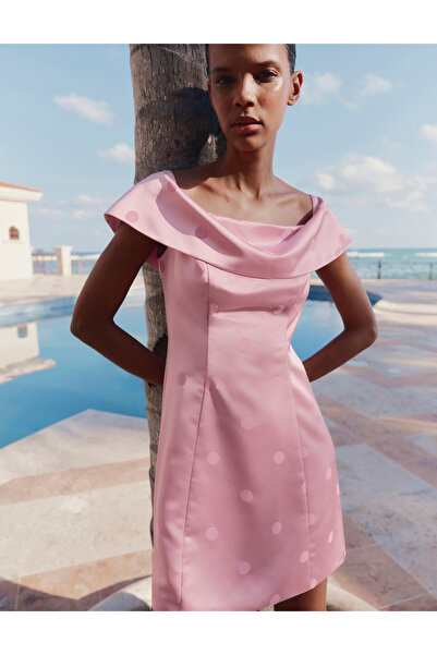 Marks & Spencer Saten Puantiyeli Bardot Mini Elbise