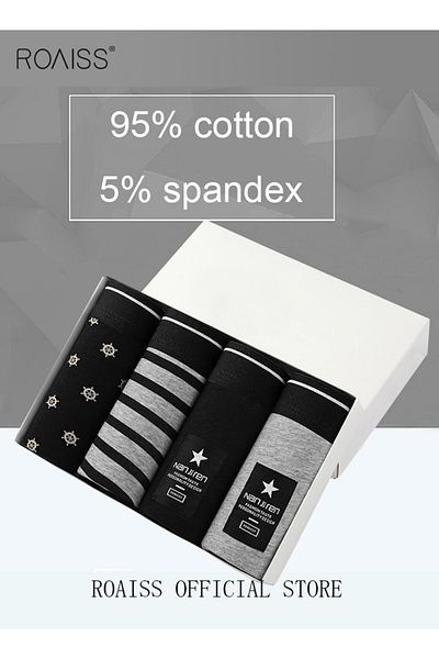 ROAISS Set of 4 Men's 95% Cotton Boxer Shorts Breathable Soft Underwear