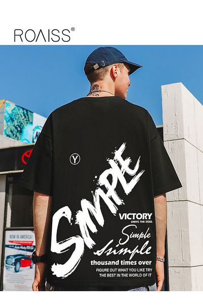 ROAISS Men Oversized T Shirt Letter Streetwear Tshirts Man Fashion Casual Loose Cotton Hip Hop Y2K T-shirt